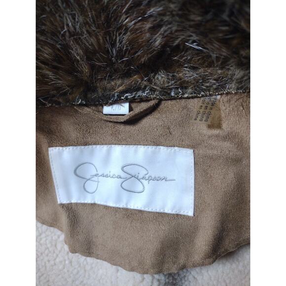 Jessica Simpson Sz L Faux Leather Fur Brown Coat Sherpa Lined Old Money Luxury - Picture 7 of 14